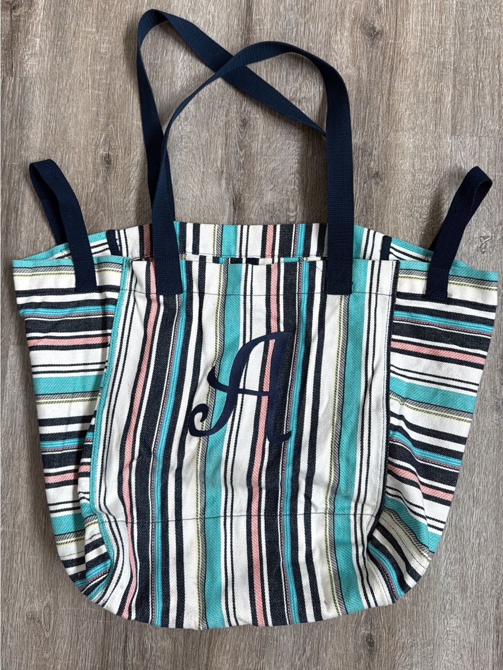 thirty-one Striped Tote in Navy, Teal, Pink, Navy, Cream